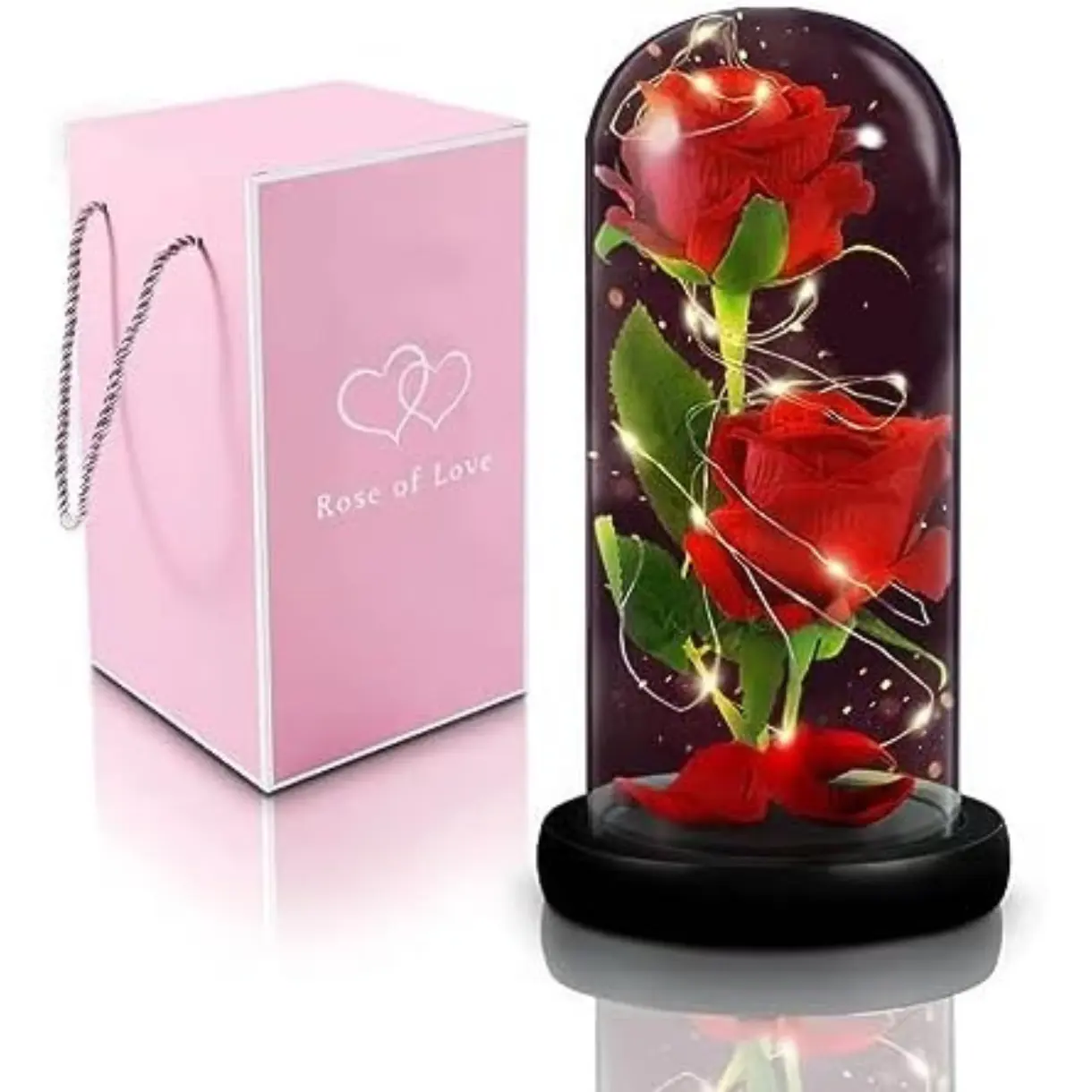 [Valentines Day Gift] Preserved Rose Gifts for Women, Red Silk Artificial Flowers Rose in Glass Dome with Lights, Beauty and The Beast Rose Gifts for Her Mom Wife on Christmas Birthday Mothers Day