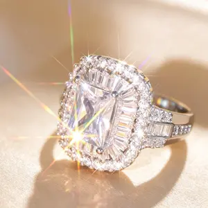 Big Emerald Cut Center Stone Double Halo Cubic Zirconia Ring Split Shank Full Pave Side Silver Plated Engagement Promise Wedding Band Luxury Bridal Cocktail Statement Jewelry Gift For Women Wife Girlfriend Birthday Anniversary Valentine Christmas
