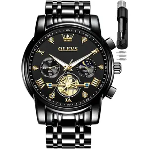 OLEVS Men Skeleton Watches Stainless Steel Analog Quartz Moon Phase Male Watch, Diamond Multi Calendar Chronograph Watch,Waterproof Wrist Watch for Men