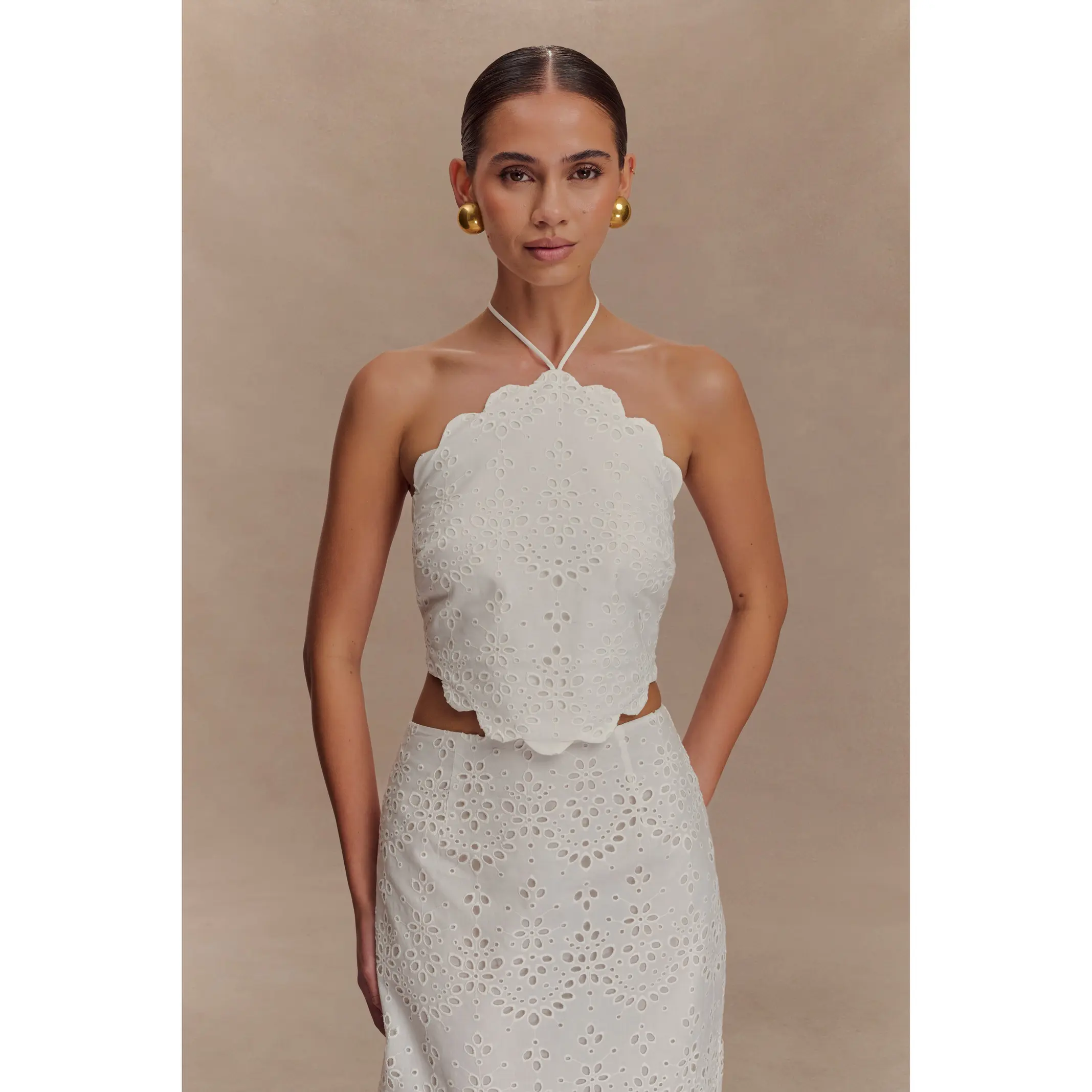 Kensley Broderie Halter Top - White