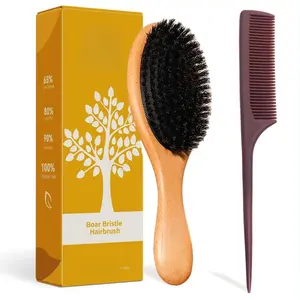 Boar Bristle Hair Brush - 100% Soft Boar Bristle Brush for Women Men Kids Restore Shine and Fine - Wooden Slick Back Hairbrush with Plastic Tail Comb for Short Thin Dry Hair