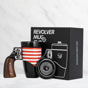 Pukomc Father Day Special Novelty Revolver Mug for Coffee Lovers 16oz Ceramic Tumbler with Rotatable Stainless Steel Revolver for Convenient Pouring and Reusable Drinkware Reuse Washable Cup Black
