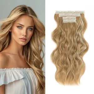 [ Qbeauty ] Honey Blonde Mixed Bleach Blonde Clip- in Synthetic Hair Extensions Long Wavy 4PCS Thick Hairpieces Double Weft Natural Hair Extensions for Women