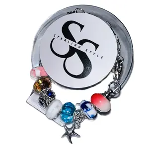 Sterling Style Sliver Chain Charm Bracelet with Colorful Beads and Charms