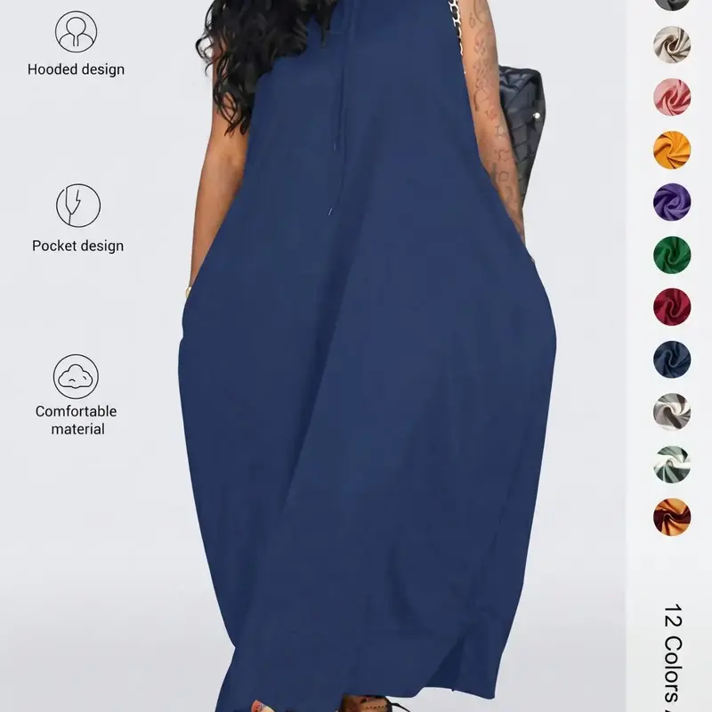 【Black Friday】Women's Plain Drawstring Hooded Tank Dress, Casual Basic Pocket Sleeveless Dress for Summer, Fashion Women's Clothing for Daily Wear