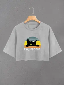 Women's Cat & Letter Print Round Neck Crop Tee, Casual Short Sleeve Crew Neck T-shirt for Summer, Fashion Women's Top for Daily Wear