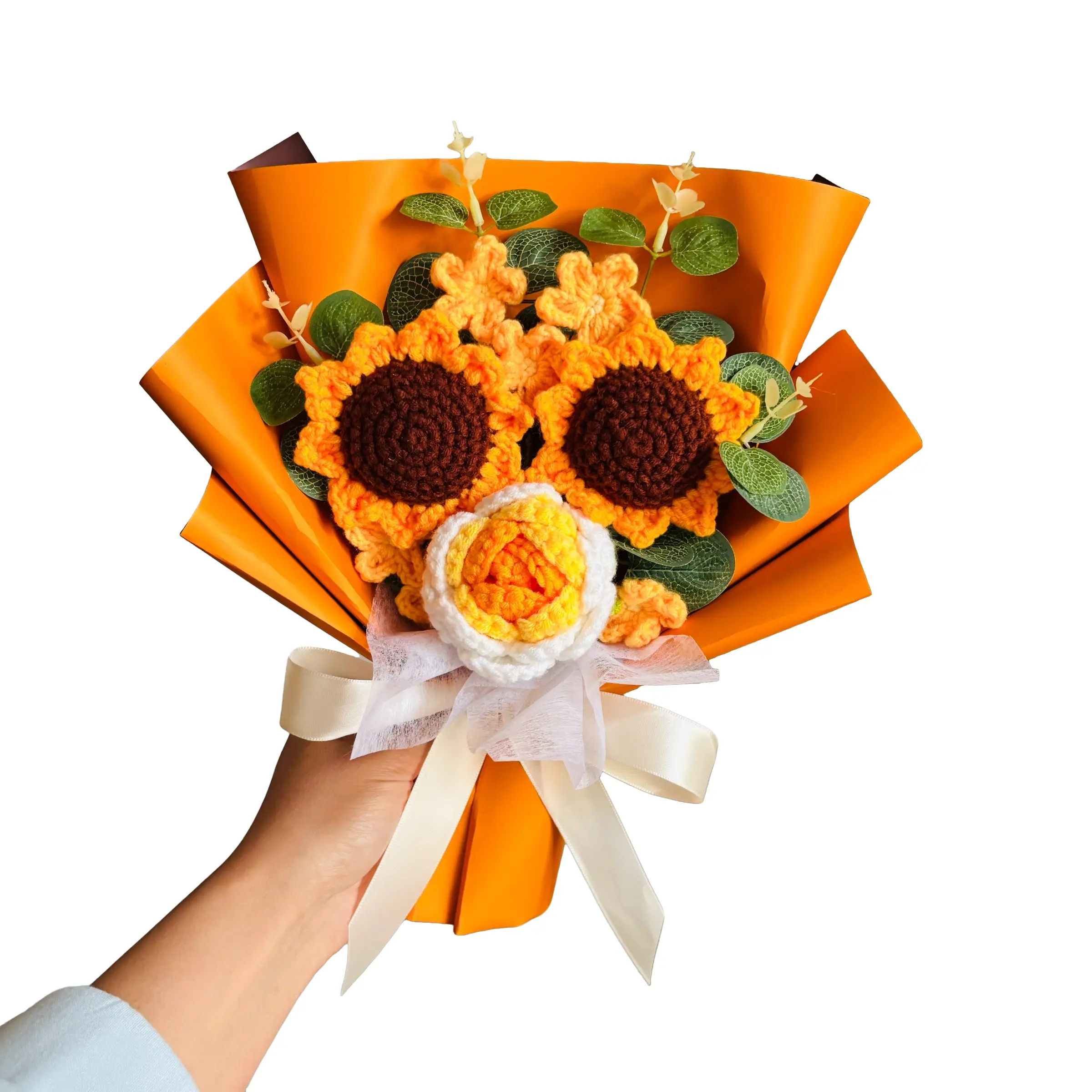 Handmade Crochet Sunflower Rose Decorative Bouquet, Party Gift, Anniversary Present, Includes Packaging, Perfect for Bedroom Decorations