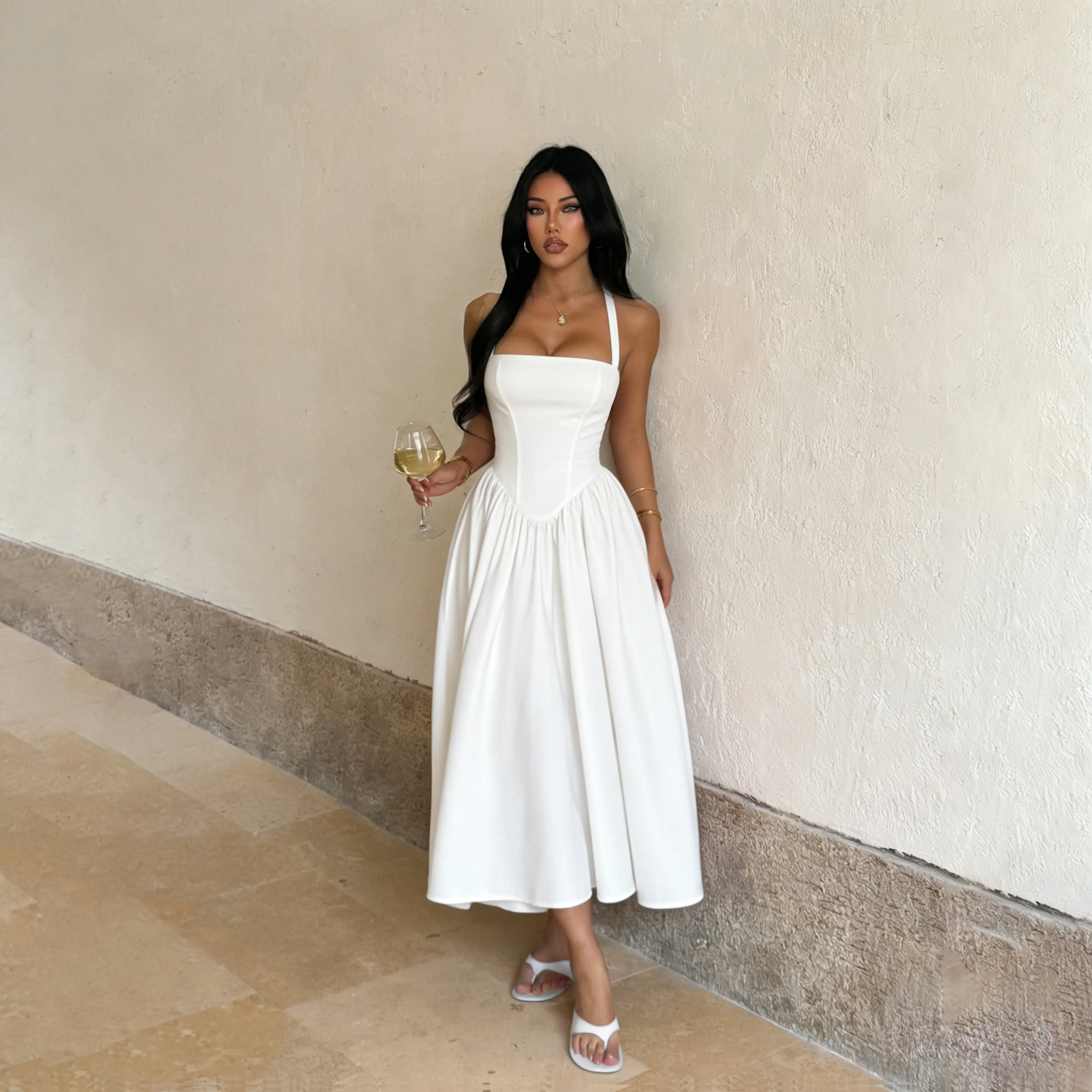 JY24570PFO-Wendy Dress Women's Elegant Halter Neck Backless A-Line Midi Dress Formal Graduation Dresses Wedding Guest Cocktail Party Bridal Shower Rehearsal Dinner Summer Sleeveless Sophisticated Classic Prom Homecoming Gown Modest Chic