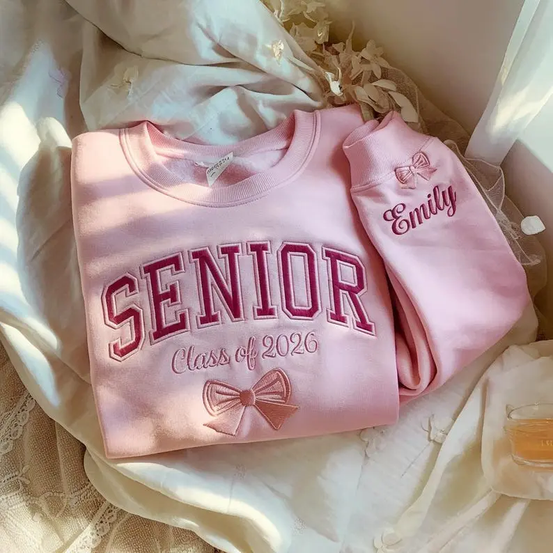 Embroidered senior sweatshirt, class of 2026, with name; senior shirt, class of 2026; personalized graduation gift for her; crew neck with bow for senior girl