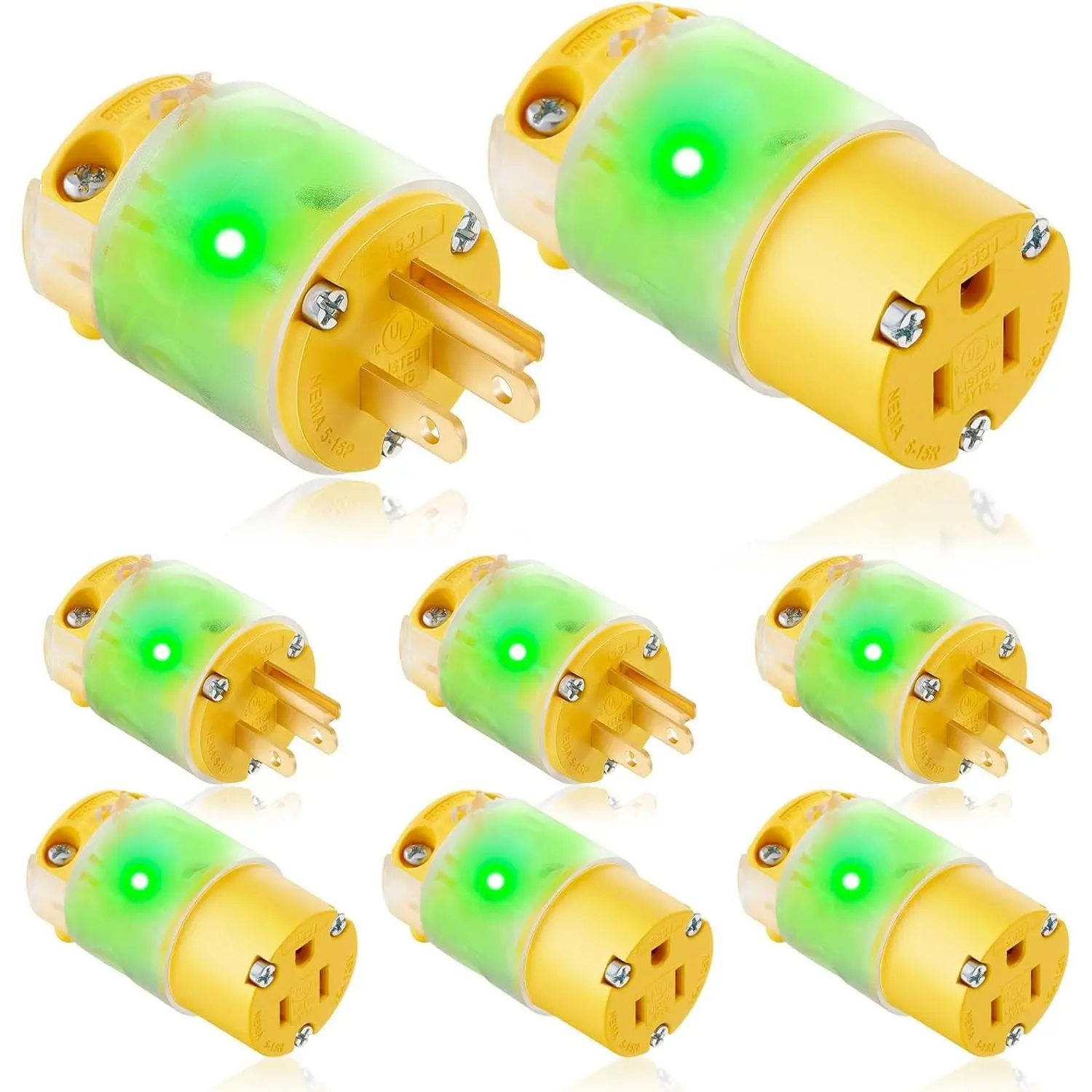 4 Sets Luminous Straight Cord End Replacement Kit, 8 Male and Female Heads, 15A 125V Adjustable Wire Gauge 2-Pole 3-Wire Grounding Plug & Connector Set, NEMA 5-15P/5-15R Compatible, Yellow