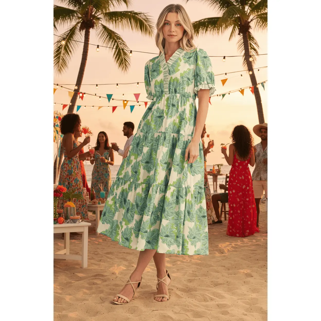 Jodifl Women's Cotton Fabric Short Puff Sleeve Tropical Floral Print Tiered Midi Dress - Breathable Casual Beach Wear with Cascading Tiered Silhouette