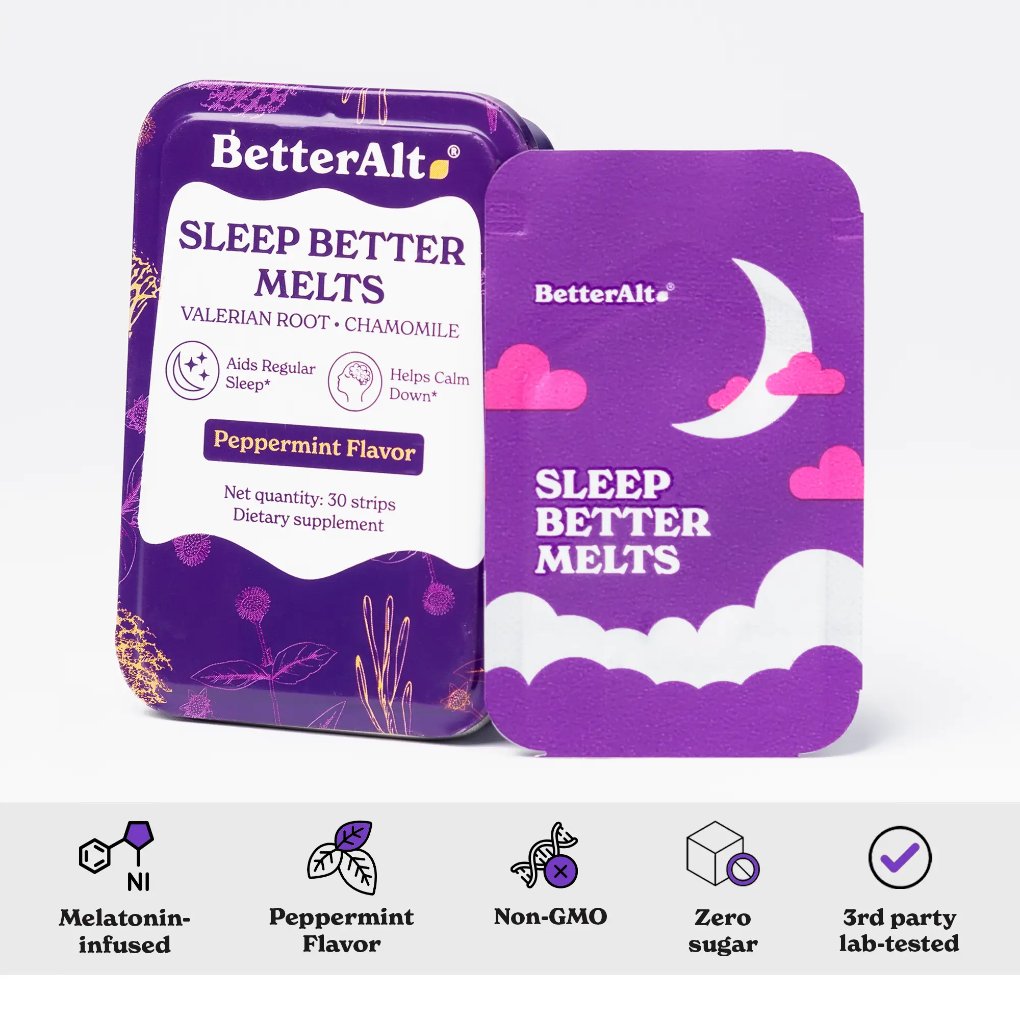 BetterAlt Melatonin BioStrips for Better Sleep | With Melatonin, Valerian Root & Chamomile | Peppermint Flavor | Supports High Absorption-30 Strips