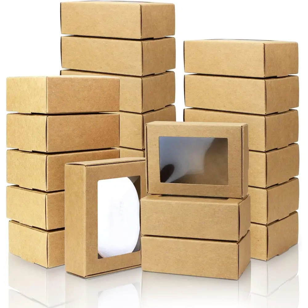 50 Pack Mini Rectangle Kraft Paper Boxes with Clear Windows,3.33" x 2.35" x 1.18",Tiny Small Homemade Soap Packaging Box Small Gift Boxes Bulk for Treat Candy Cookies Party Favors (Brown)