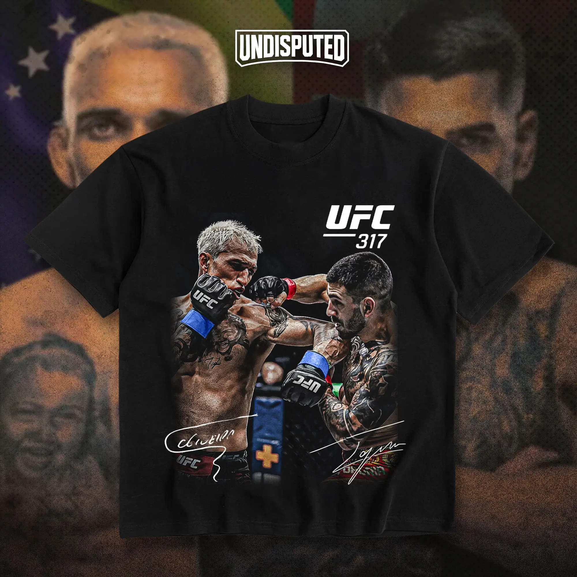 UNDISPUTED Ilia Topuria VS Charles Oliveira UFC 317 Heavy Cotton T-shirt El Matador VS Do Bronx MMA Fight Night Shirt Fan Apparel Pump Cover Casual Street Style Direct-to-garment Printing