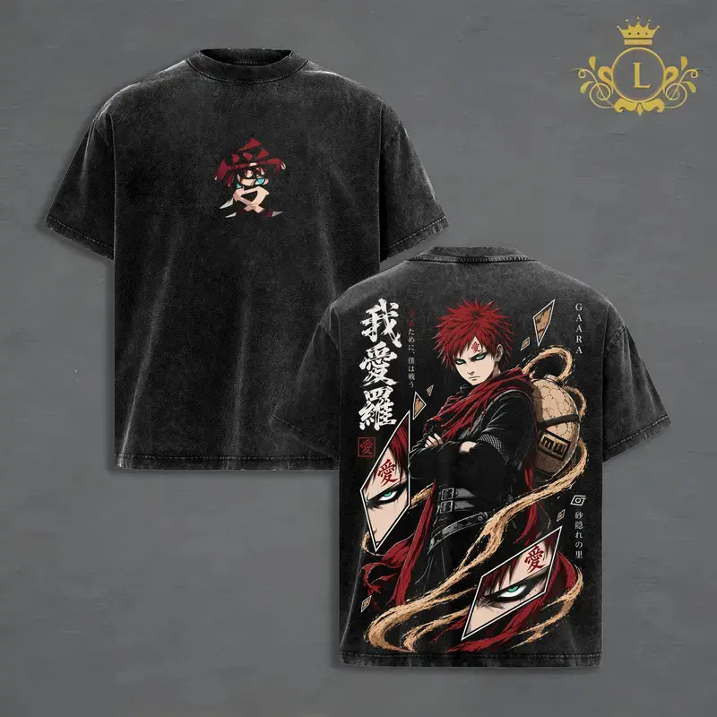 Gaara Vintage Washed Anime T-Shirt Double-Sided Graphic Tee Heavyweight Oversized Streetwear For Men Women Naruto Sand Village 90s Retro Casual Gym Top Ultimate Gift For Anime Fans Japanese Manga Style Short Sleeve Y2K Trendy Aesthetic Urban Clothes Tops