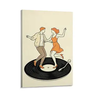 Vintage Vinyl Dance Canvas Print, Where Retro Swing Meets Music - Minimalist Couple Dancing on Record Player Wall Decor