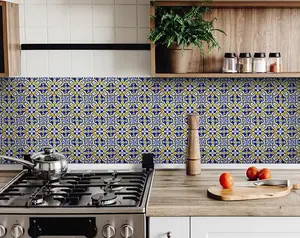 HomeRoots 400090 4 x 4 in. Blue & Yellow Links Peel & Stick Tiles