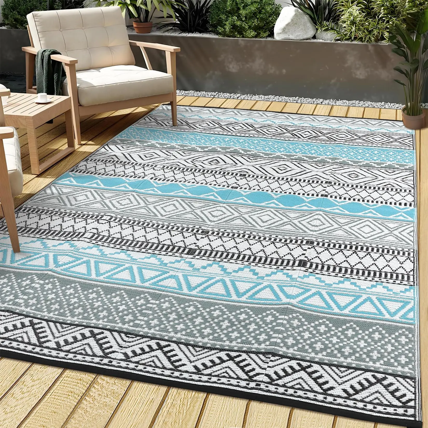 Garvee Outdoor Rug 240 x 300 cm Reversible Mat, Modern Large Doormat for Outdoor Use in Caravan, Motorhome, Patio, Garden, Deck, Picnic, Beach, Camping, Available in Blue/Grey/Black/White and Black/White