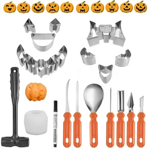 Halloween Pumpkin Carving Set, 20 count Complete Pumpkin Carving Tools Included 10 count Pumpkin  Shape Stencils, 7 count Pumpkin Carving Kits, 1 Mini Hammer, 1 Candle Mold, 1 Marker Pen etc.