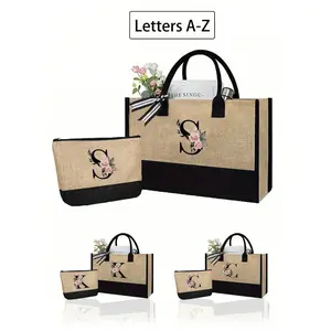 Flower Initial Letter Pattern Jute Tote Bag with Makeup Bag, Simple Lightweight Large-Capacity Handbag, Portable Casual Storage Tote Bag, Durable Fabric, Suitable for Wedding, Birthday, Beach, Holiday, School Bag