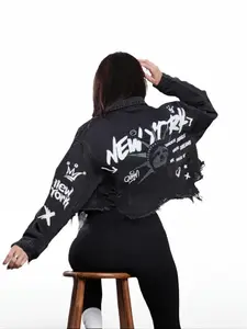 NY City Graphic Denim Jacket - Women's Long Sleeve Top for All Seasons - Casual Cotton Design Fit Womenswear Cropped Streetwear Style
