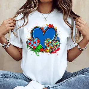 Autism Awareness Puzzle Heart Print T   Crew Neck Wear For Girls shirts women