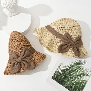 Versatile retro woven handmade straw hat with ruffled bow, elegant French sun hat, foldable, breathable travel beach hat