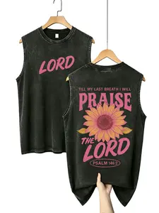 Women's Retro Acid Wash Glitter Sunflower Cotton Tank Top - Lightweight, Oversized 1-Piece, Soft, Stylish, DTG Print, Psalm 146:2/John 1:14 Script, Jesus Crown of Thorns Art, Christian Faith-Based Vintage Vibe Tops, Grunge Father's Day Apparel