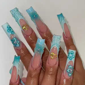 (MTO) BubbleNailArt Ocean Mermaid Goddess 3D Sculpted Flower Blue Seashell Texture Gold Charm Nails Handcrafted Wearable Nail Art Fashion Hand Accessories