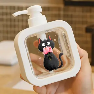 Creative Bathroom Dispenser with Hand Pump - Cute Black Cartoon Cat with White Sparkles, Holding Pink Lotus Flower, Black Background for Soap/Lotion Dispenser