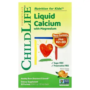 ChildLife Essentials Liquid Calcium with Magnesium Plus K2 & D3, Natural Orange, 30 Packet, 0.34 fl oz (10 ml)