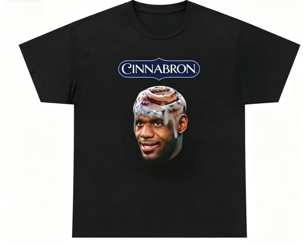 Cinnabron LeBron James Cinnamon Roll Meme Graphic Tee Summer Cool 100% Cotton Funny Basketball Viral Internet Casual Top Unisex Black Crewneck