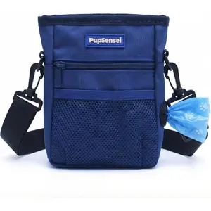 Dog Treat Pouch for Training Magnetic Dog Treat Bag with Belt Clip & Poop Bag Dispenser Hands Free Carry Pouch with Auto-Close Access & Shoulder Strap Durable Pet Gear Navy Blue