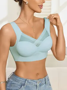 Women's Wireless Bra, Mesh Material, Plain Color, Gathered Design, Elegant Style, High Elasticity, Anti-Slip Cups, Ideal for Yoga and Running
