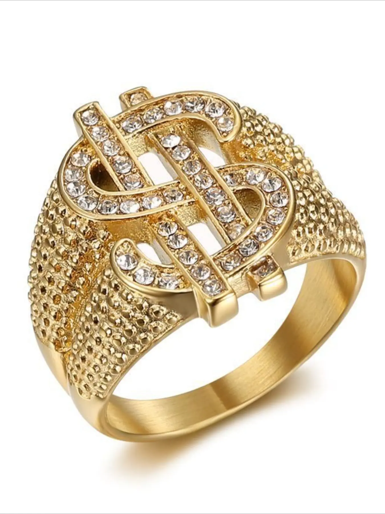 Stainless steel titanium hip-hop dollar coin logo rich Bling ice-punk ring for men, fashionable jewelry for both men and women Punk Style Ring