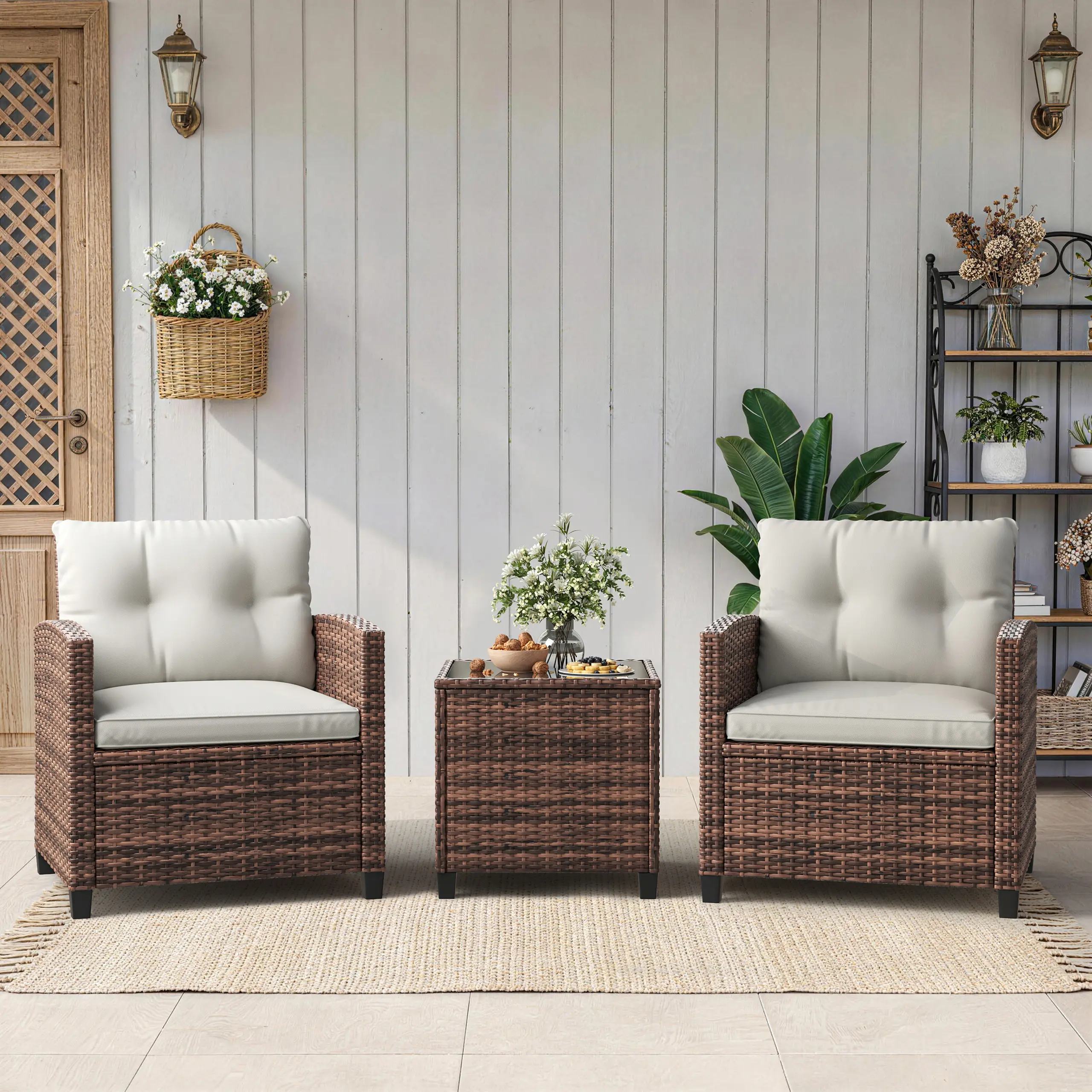 Outdoor Wicker Chairs,3 Pieces Patio Furniture Set,All Weather High Back Rattan Chairs w/Washable Cushion and Tempered Glass Tabletop for Deck Porch Balcony Backyard Garden