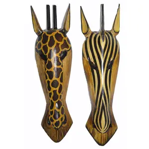 20" Pair of Giraffe and Zebra Hand Carved Tribal Head Masks