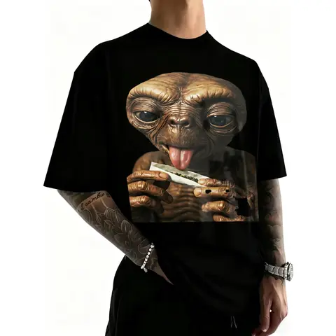 100% Cotton Alien Smoking Joint With Tongue Out T-Shirt for Women Men Outdoor Casual Short Sleeve Comfortable And Versatile Shirt