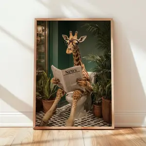 Funny Giraffe Toilet Print Whimsical Bathroom Humor Wall Art Poster (Unframed)