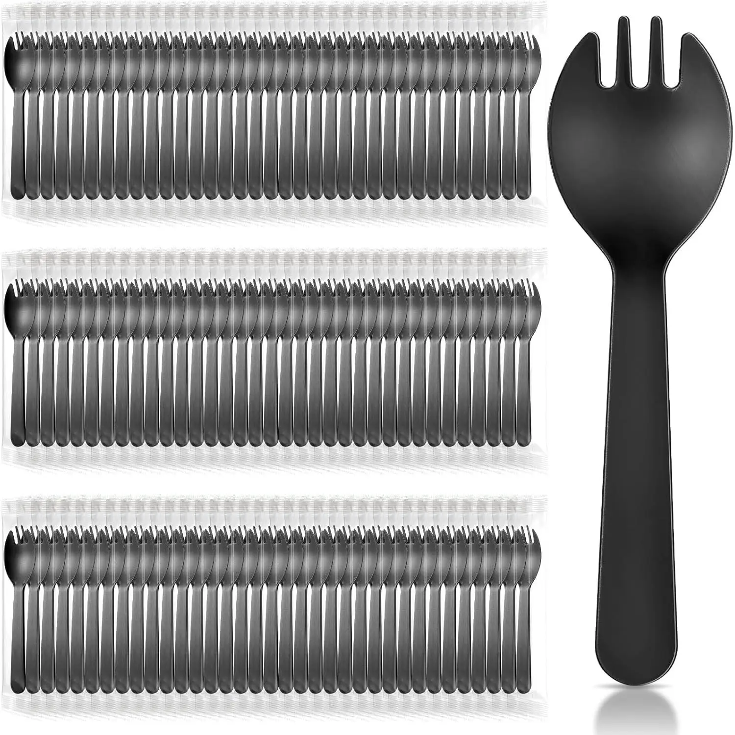 150 count Disposable Plastic Sporks Individually Wrapped Disposable Sporks 4.5'' x 1.26'' 2 in 1 Fork and Spoon Set Serving Utensils for Dessert Restaurant Party Supply(Black)