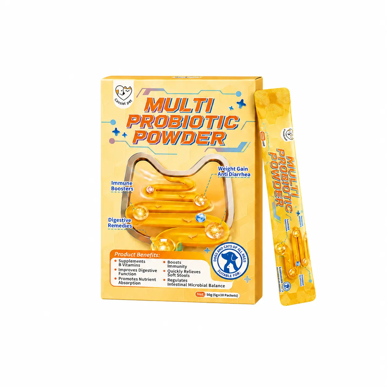 Cassiel Pet Multi Probiotic Powder for Dogs & Cats, 6 Probiotic Strains with B-Vitamin Blend, Daily Digestive Balance, Fine Easy-Mix Powder, 10 x 5g Packets, 50g