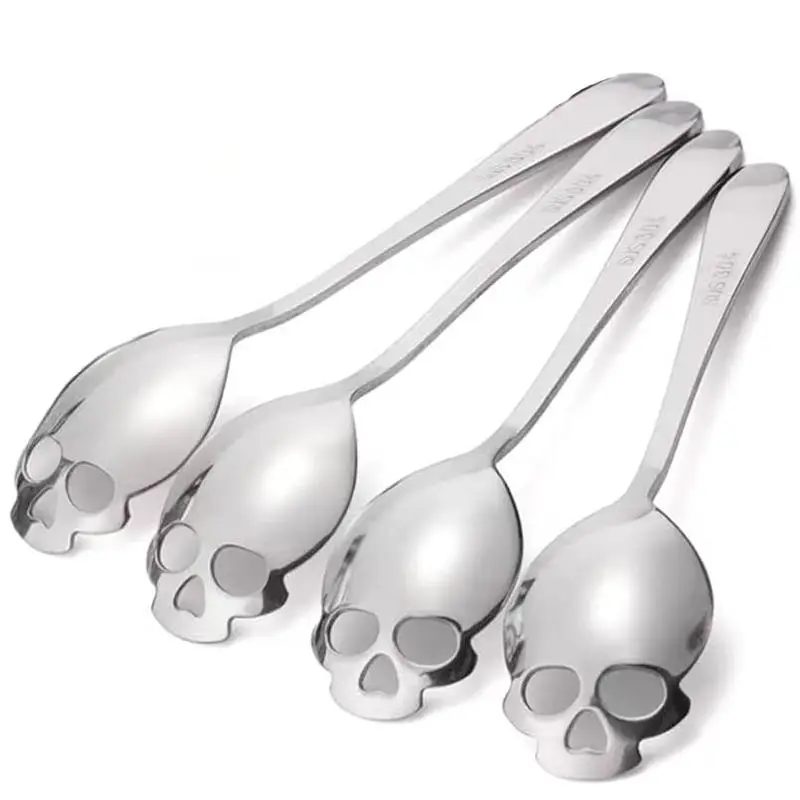 Skull Design Coffee Spoon, 4 Counts Creative Stainless Steel Stirring Spoon for Coffee, Dessert, Soup, Portable Kitchen Accessories for Outdoor Campin