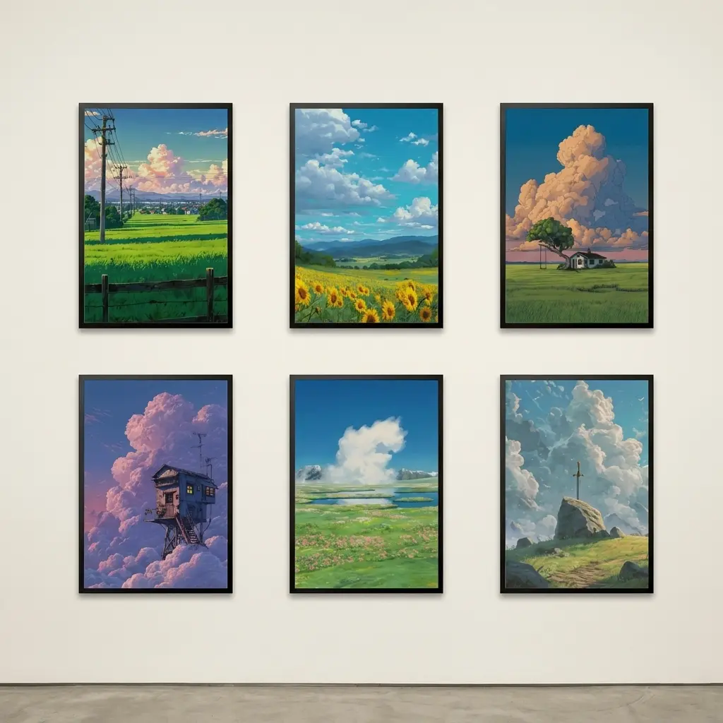 Japanese Anime Scenery Canvas Poster | Ghibli Aesthetic Cloud & Summer Landscape Wall Art | High-Quality Eco-Friendly Odorless Print | Premium Black Framed & Unframed Wall Decor for Gaming Room
