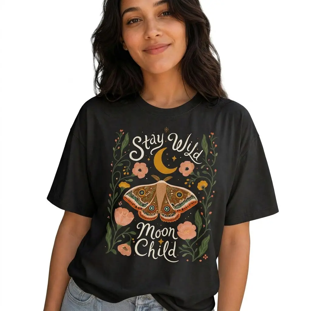 Stay Wild Moon Child Shirt Women Plus Size Boho Celestial Moth Graphic Tee