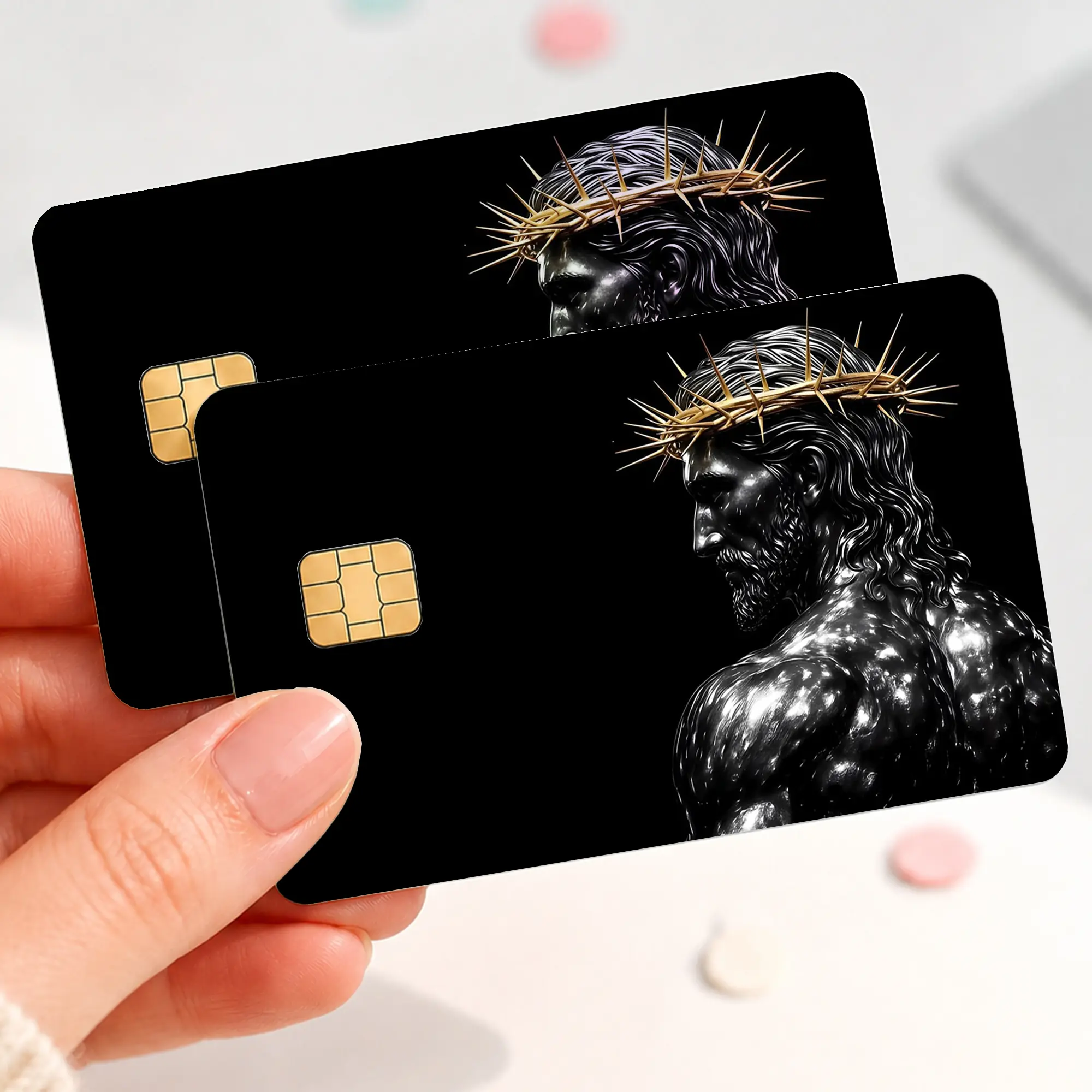 Jesus Crown of Thorns Credit Card Skin Sticker, Black Christian Debit Card Cover, Powerful Faith Religious Bank Card Decal, Masculine Sacred Art Card Wrap Gift