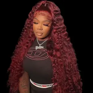URODY Deep Wave 99j Red Burgundy Wig 13x6 HD Transparent Lace Frontal Wigs Human Hair Wet and Wavy Red Curly Wigs 18-34 Inches 100% Brazilian Human Hair 180% Density