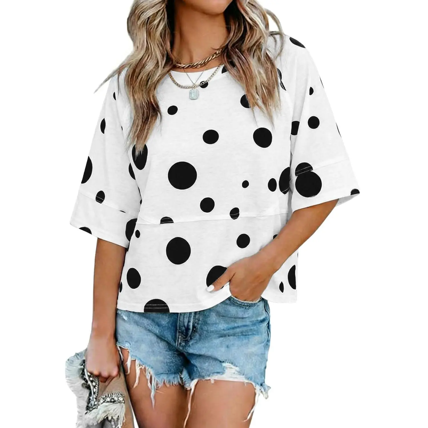 Imily Bela Women's Summer Casual Crewneck Batwing Half Sleeve T-Shirts Solid Color Loose Fit Cute Basic Flowy Tops Tees Blouses