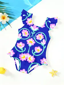 Floral Print Girls' Jumpsuit, Cute Cartoon Design, Ruffled Quick-Dry Swimwear, Fashionable Beach Party, Slim-Fit Style