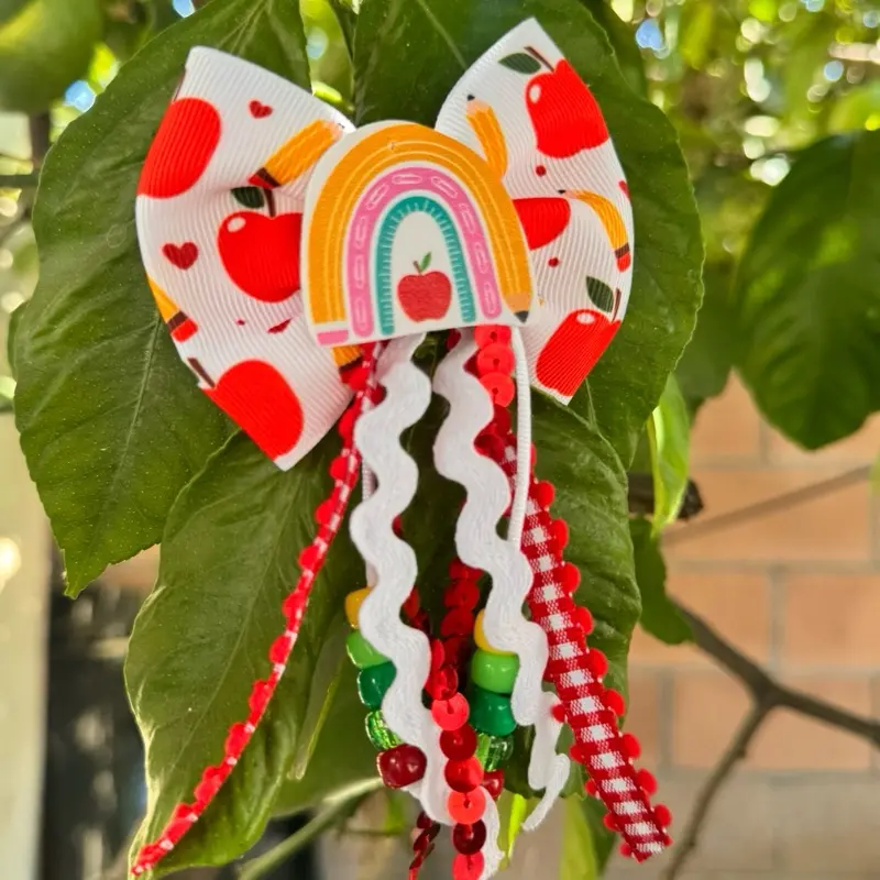Clip Back To School Grosgrain Ribbon with Rainbow and Apple Design for Back to School Accessories