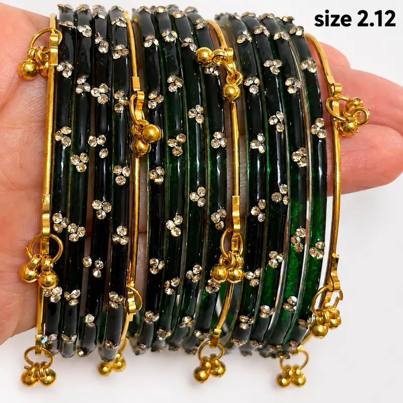 fashion jewelry gift idea 16-Piece Indian Glass Bangles Set Size 2.12 – 12 Glass Bangles + 4 Kashmiri Ghungroo Bangles, Gold Colored Dangling Charms, Traditional Wedding for Women Fall Elegance trendy accessory fashionable chunky bangle birthday day prese